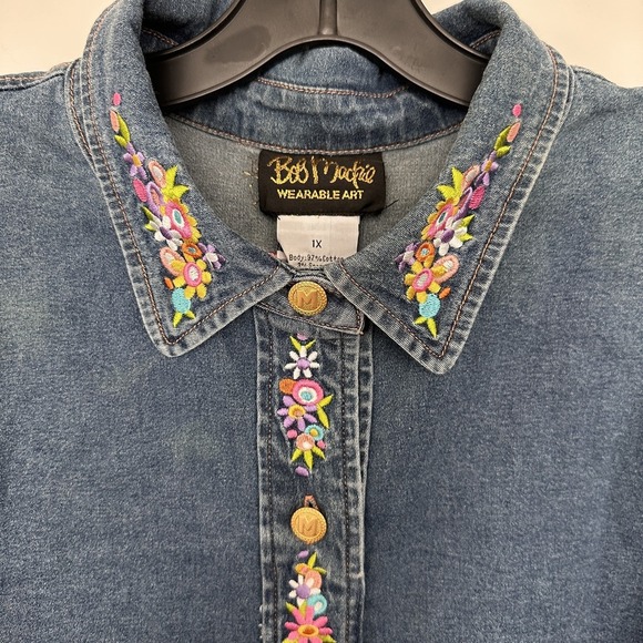 Bob Mackie Shirt Womens 1X Denim Embroidered Maypole Spring Button Floral Art To - Picture 5 of 11